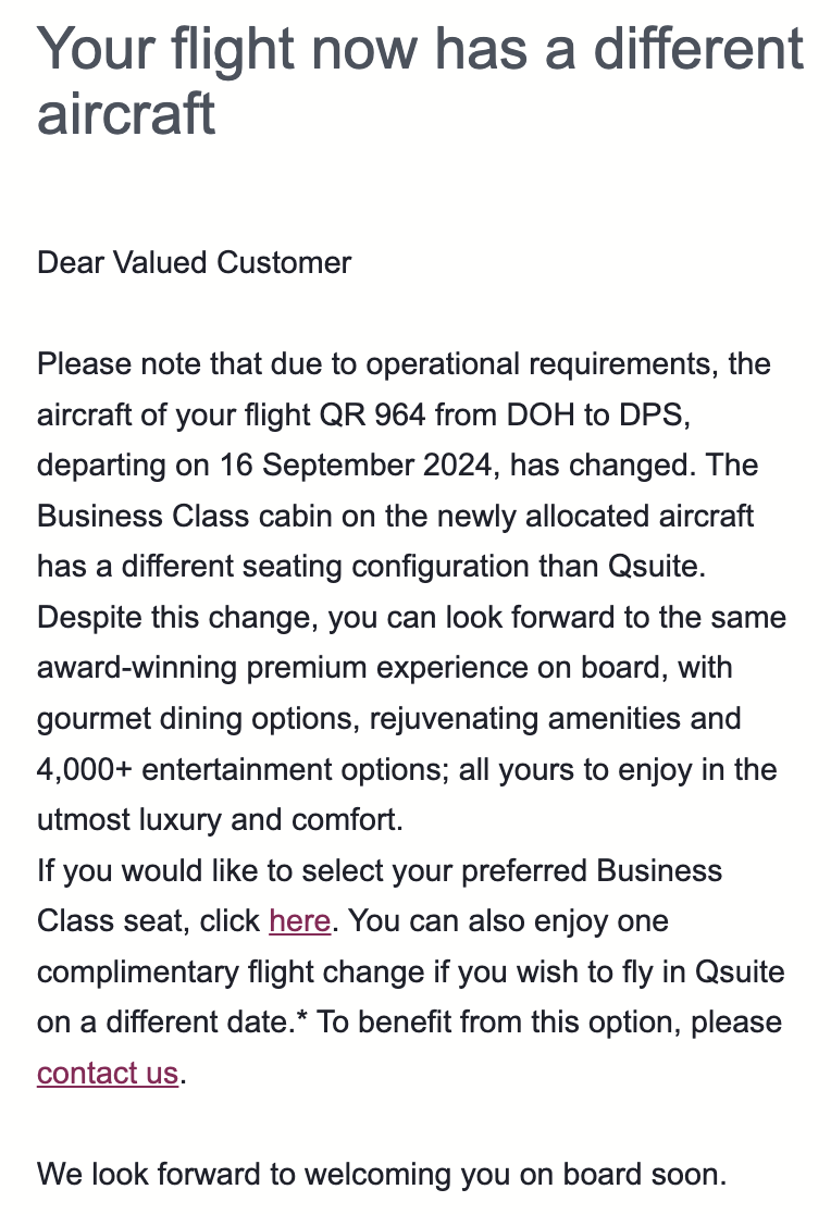 An email from Qatar Airways detailing a QR 964 from Doha to Denpasar aircraft change.