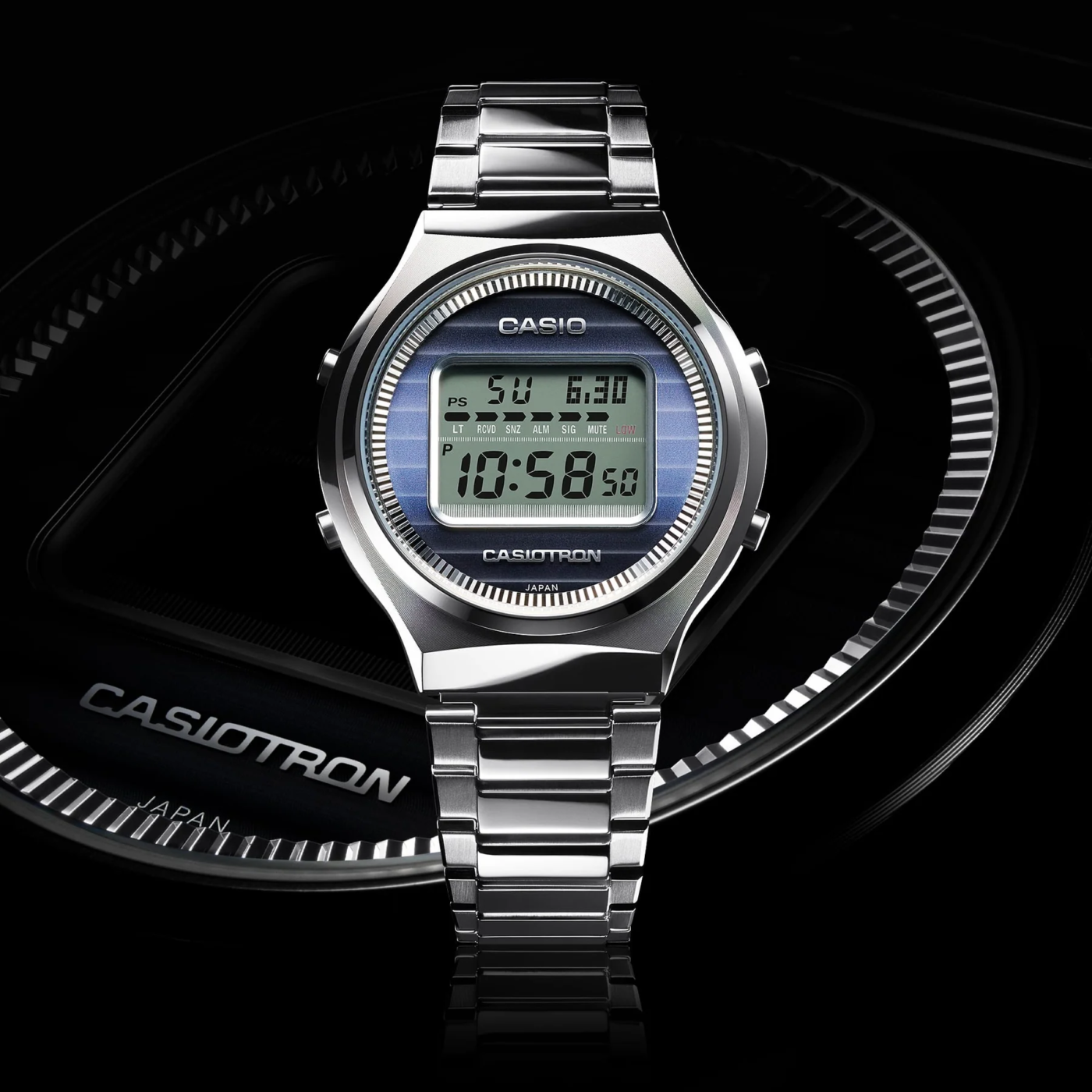 A silver Casio Casiotron watch celebrates 50 years.