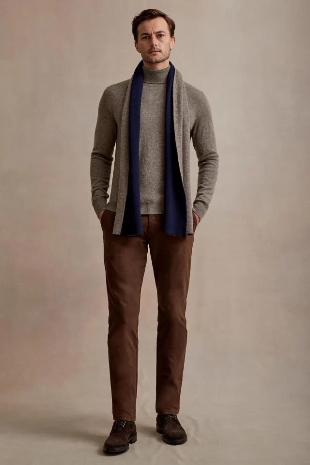 A man wearing turtle neck and chino pair with suede boots.